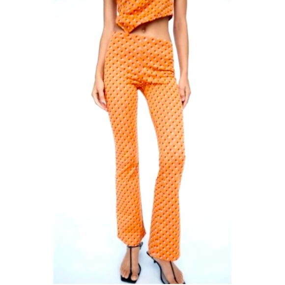 Zara Retro Mod Geometric Y2K style Orange Flare Pants size Medium - Picture 1 of 12